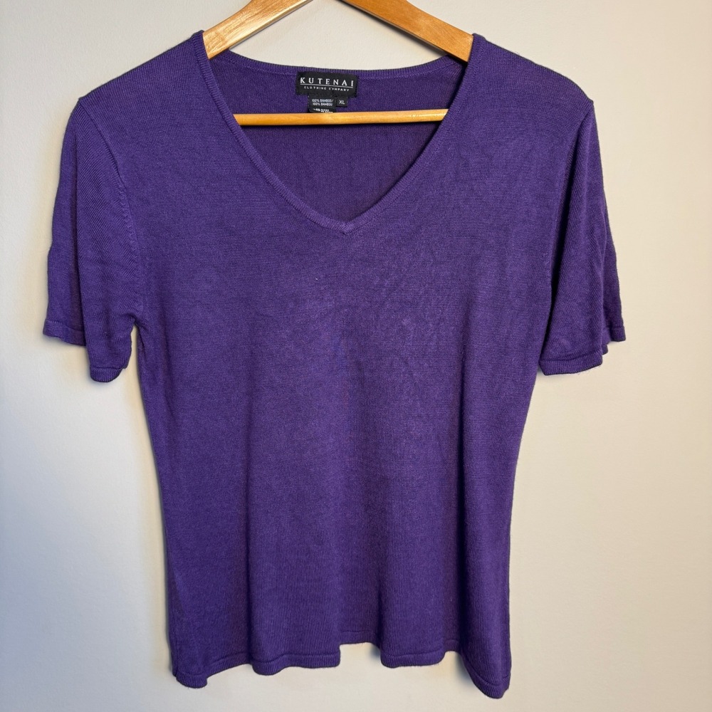 KUTENAI Clothing Company Purple V-Neck Short Sleeve Bamboo Knit Sweater XL Soft